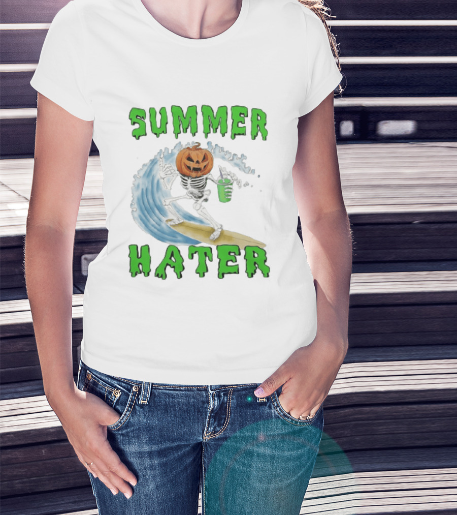 Skeleton With Pumpkin Head Surfing Wave Summer Hater T-Shirt