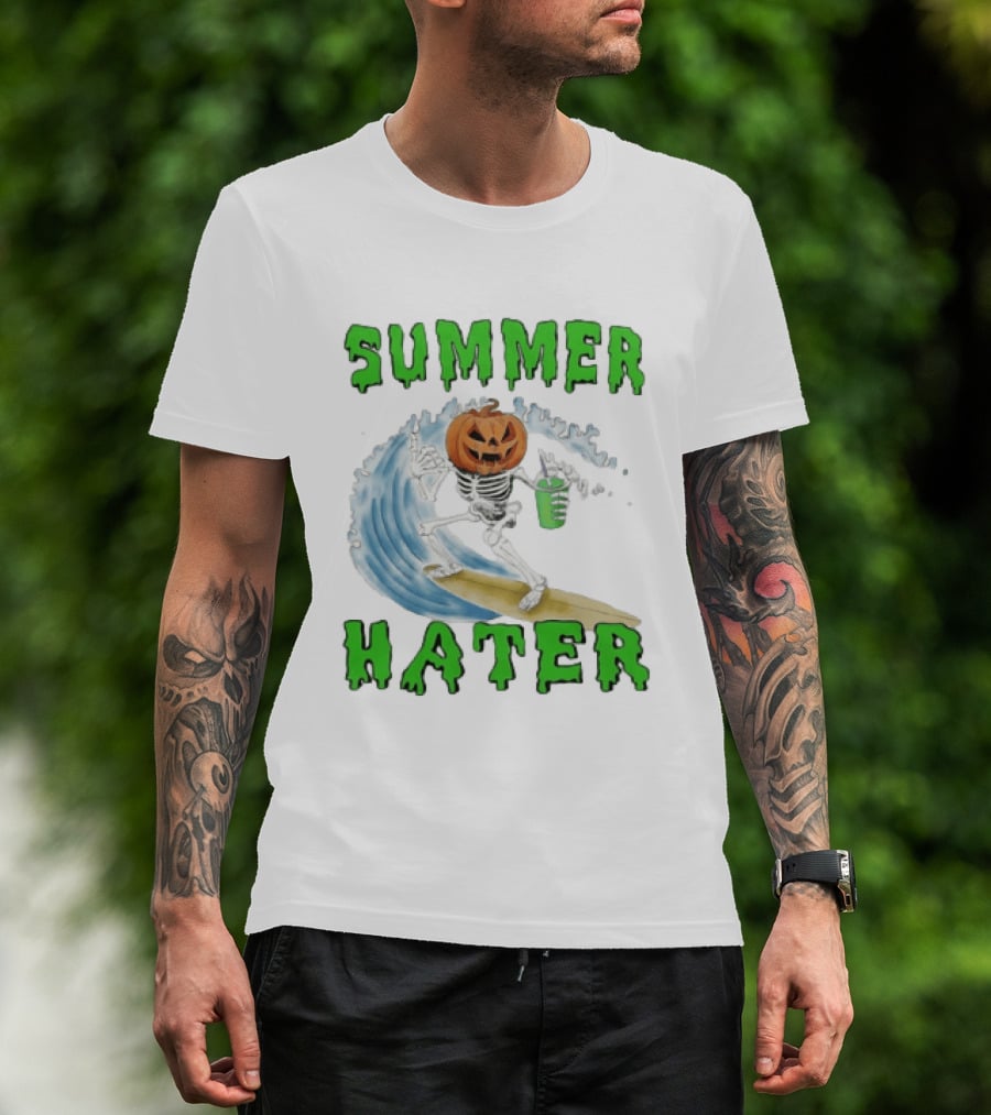Skeleton With Pumpkin Head Surfing Wave Summer Hater T-Shirt