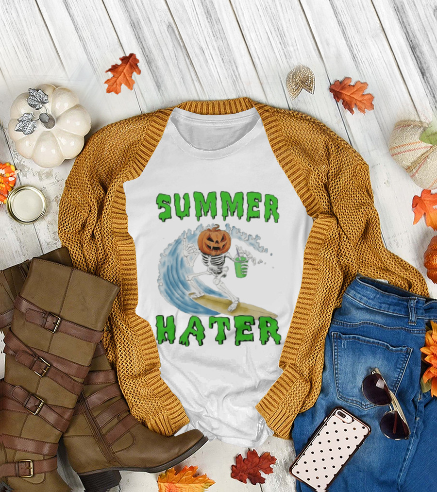 Skeleton with Pumpkin Head Surfing Wave Summer Hater T-Shirt