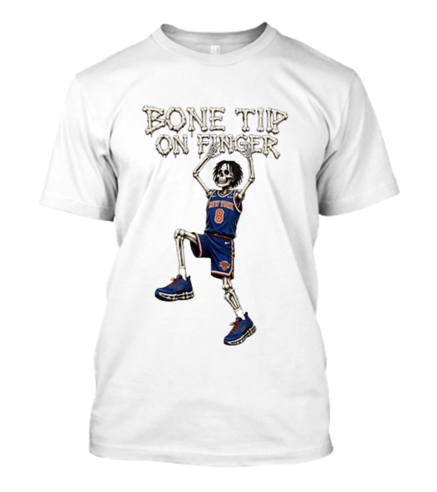 New York Knicks Bone Tip On Finger Skeleton Jersey Number 8 T-Shirt