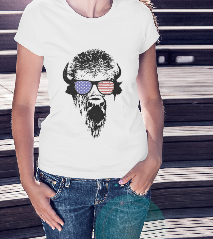Patriotic Buffalo With USA Flag Red White Blue Sunglasses T-Shirt