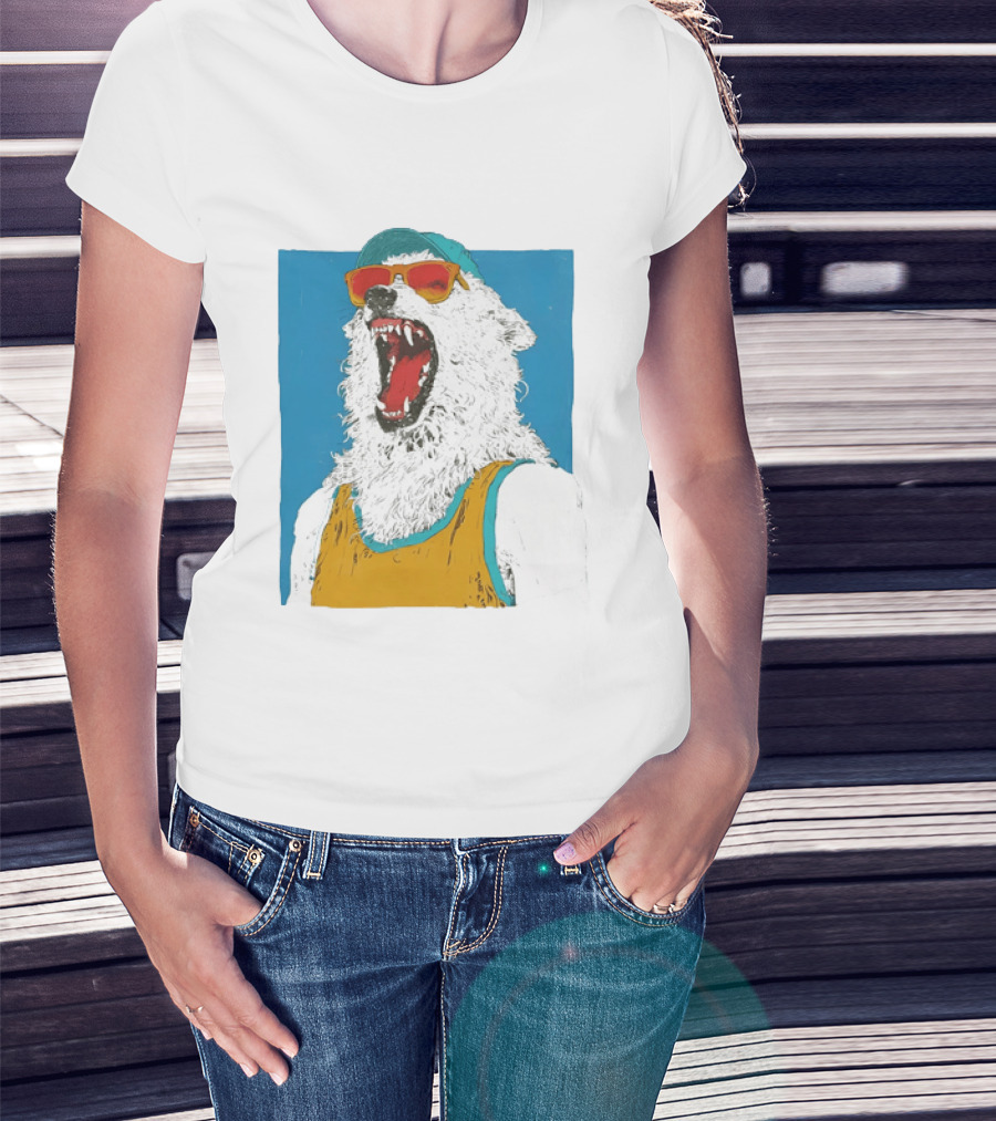 Polar Bear Wearing Sunglasses And Cap In Yellow Roaring T-Shirt