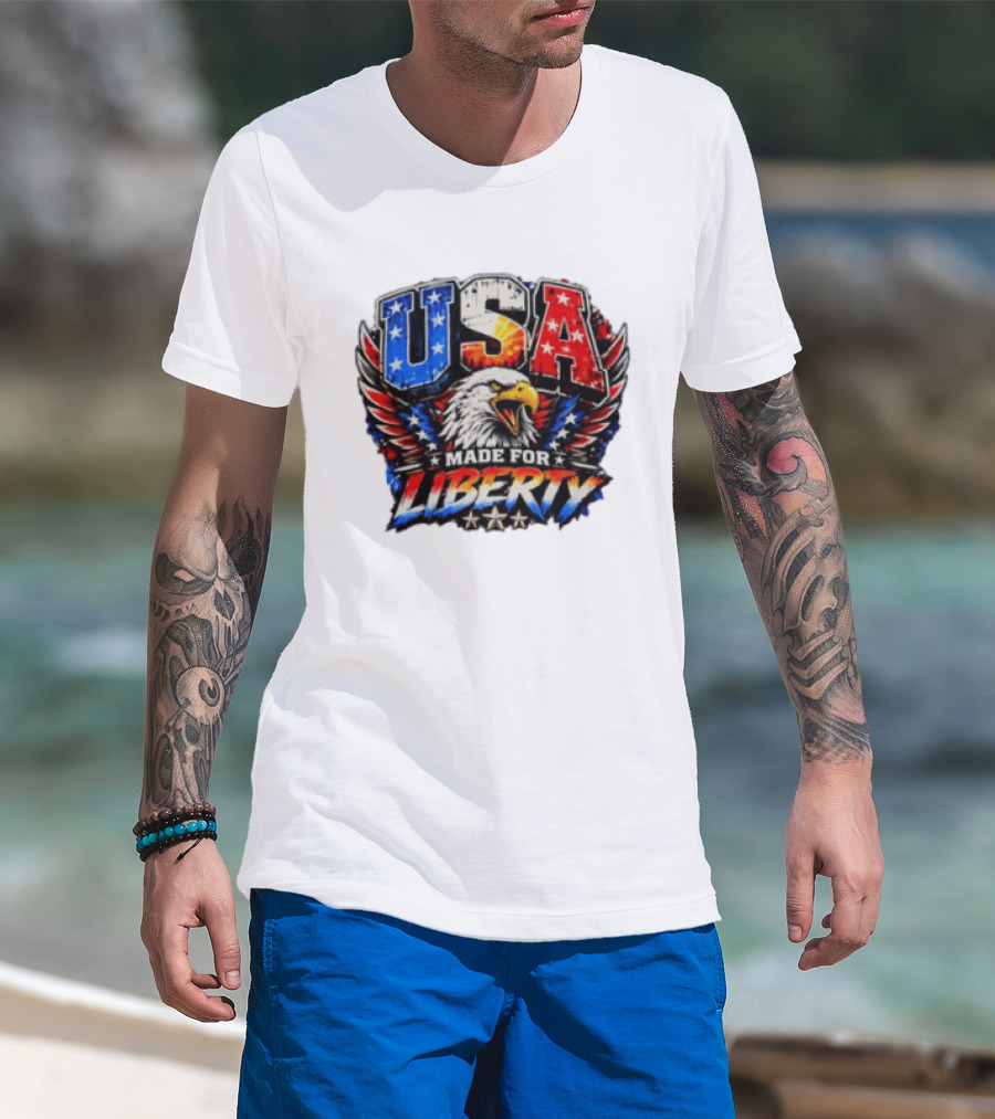 USA Eagle Made For Liberty Patriotic American Flag Stars T-Shirt