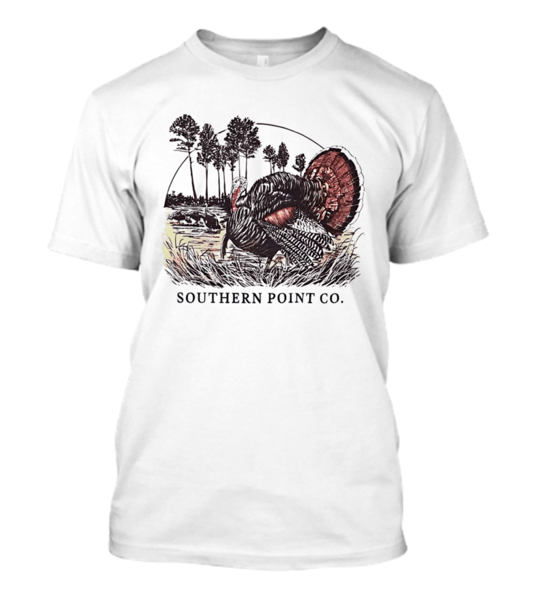 Southern Point Co. Turkey Strutting In The Field With Pine Trees And Horizon Scene T-Shirt