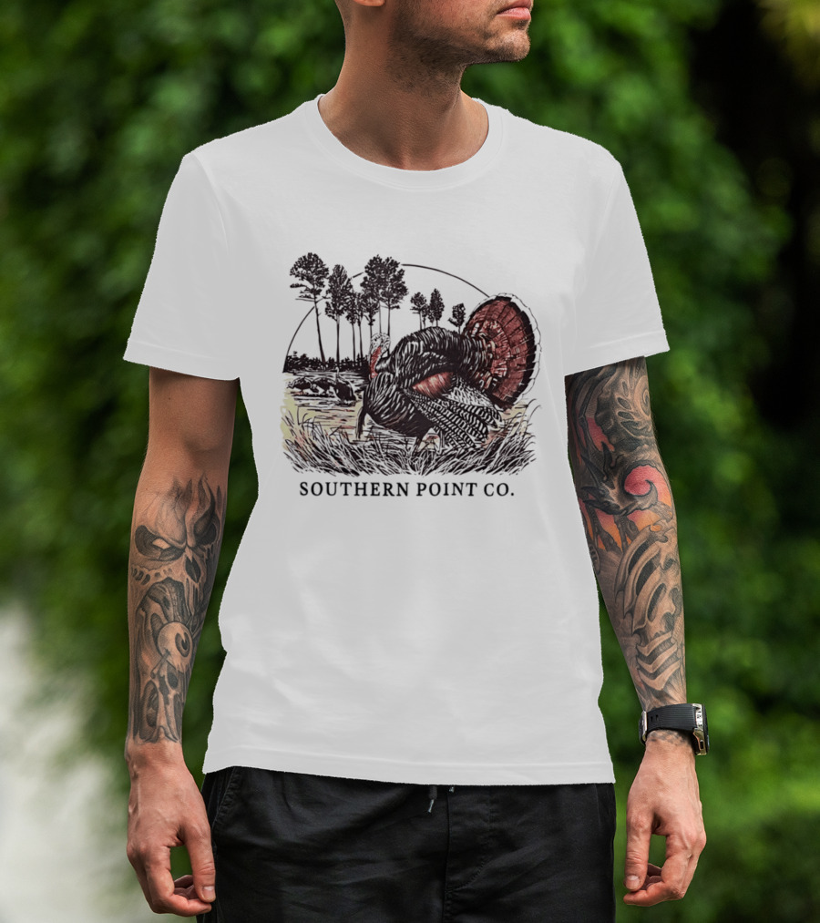 Southern Point Co. Turkey Strutting In The Field With Pine Trees And Horizon Scene T-Shirt