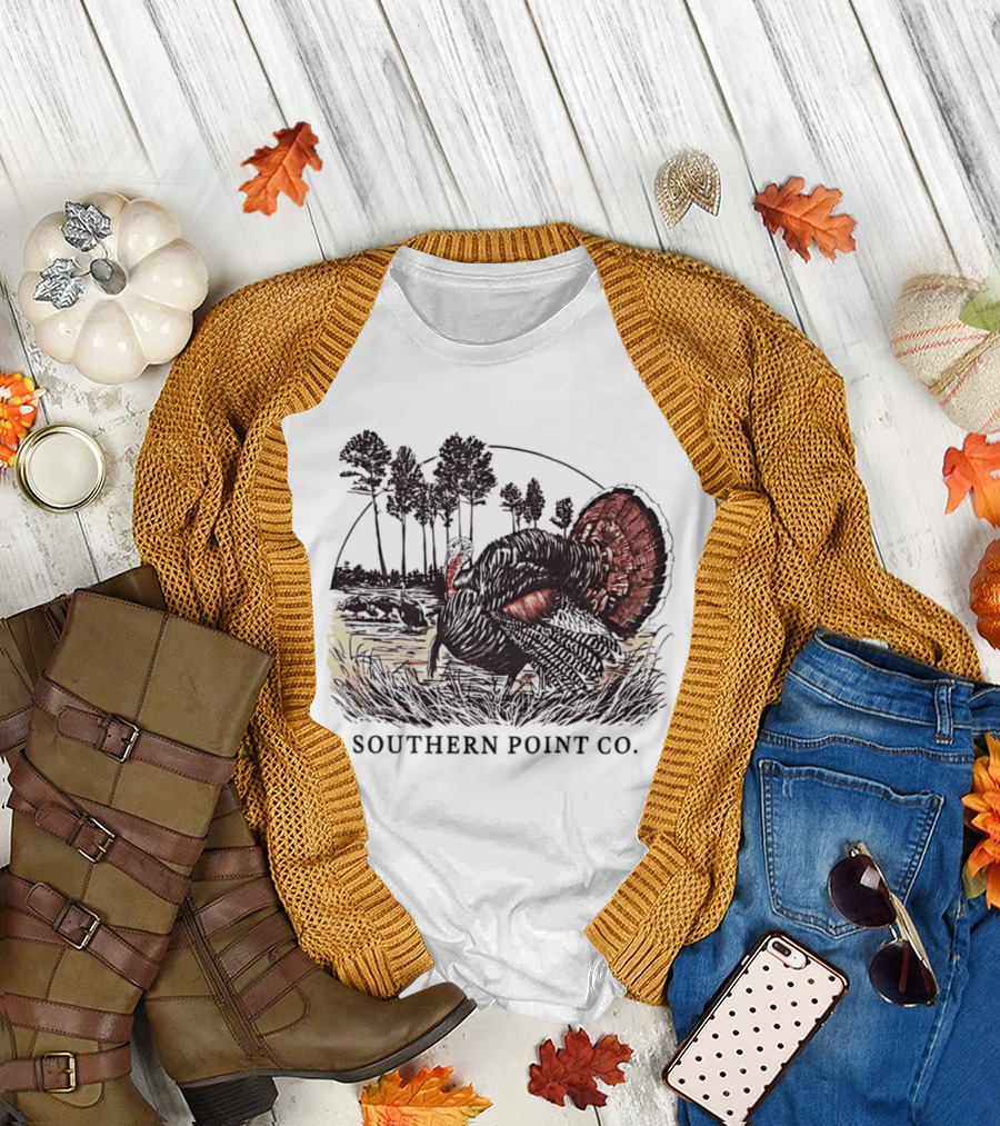 Southern Point Co. Turkey Strutting in the Field with Pine Trees and Horizon Scene T-Shirt