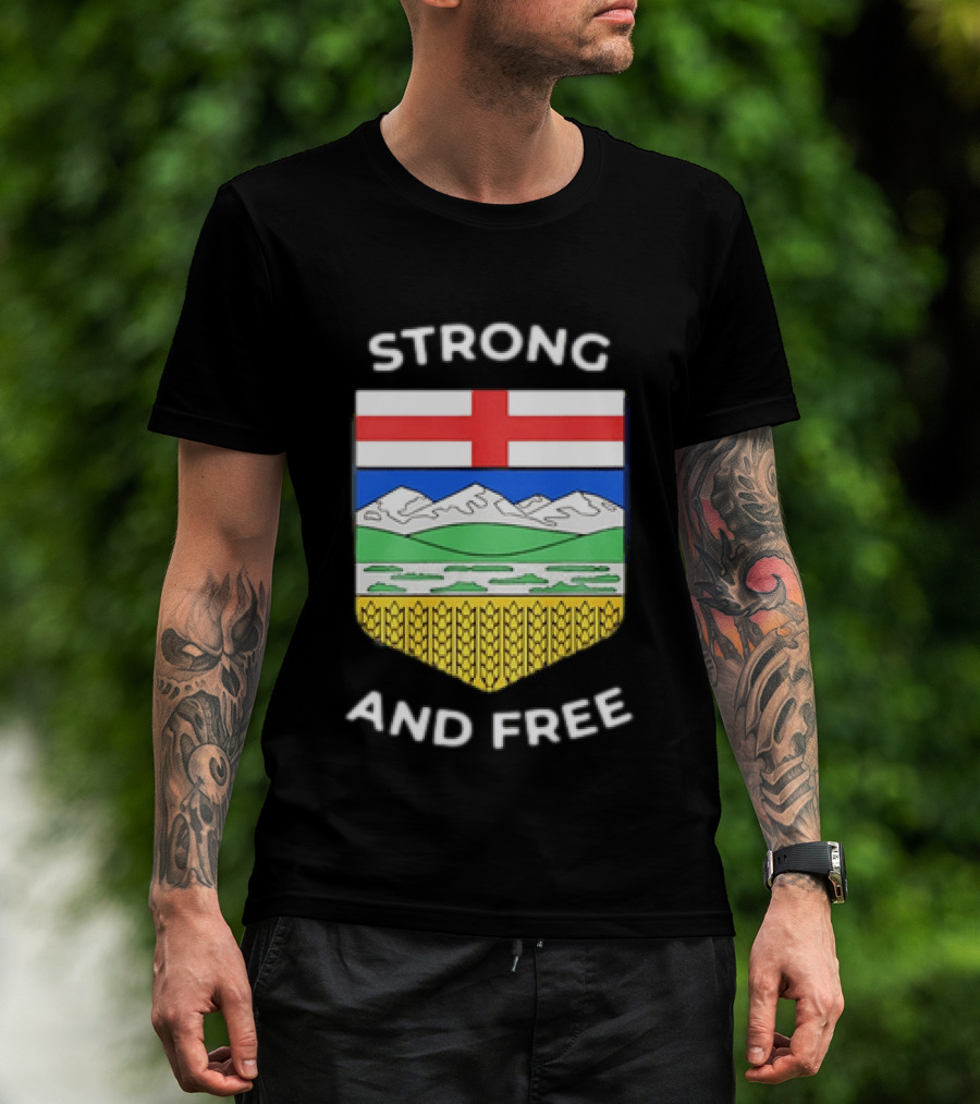 Alberta Canada Map Flag Strong And Free Crest And Wheat Sheaves T-Shirt