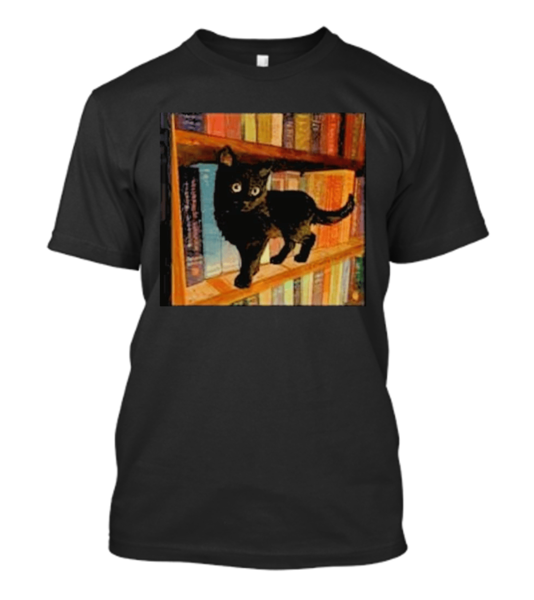 Black Cat On Bookshelf With Colorful Books T-Shirt