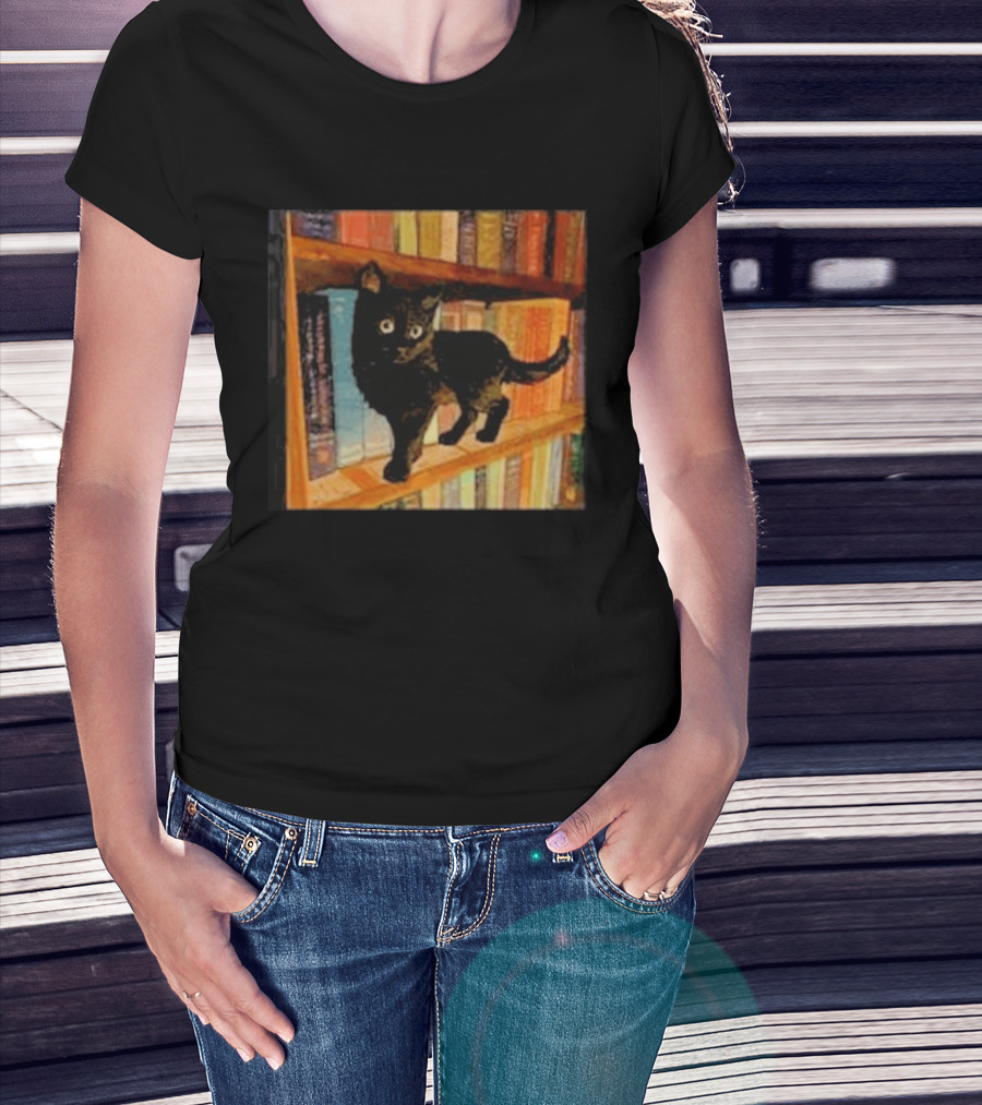 Black Cat On Bookshelf With Colorful Books T-Shirt