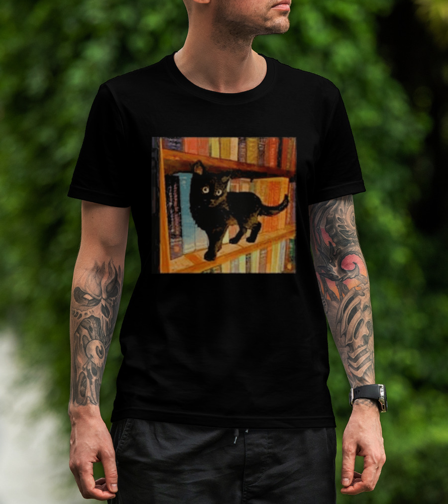Black Cat On Bookshelf With Colorful Books T-Shirt