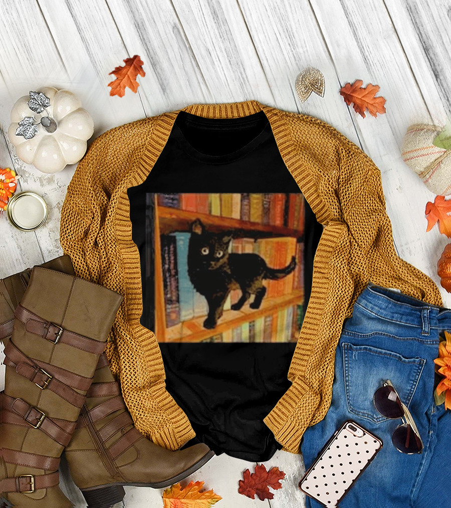 Black Cat on Bookshelf with Colorful Books T-Shirt
