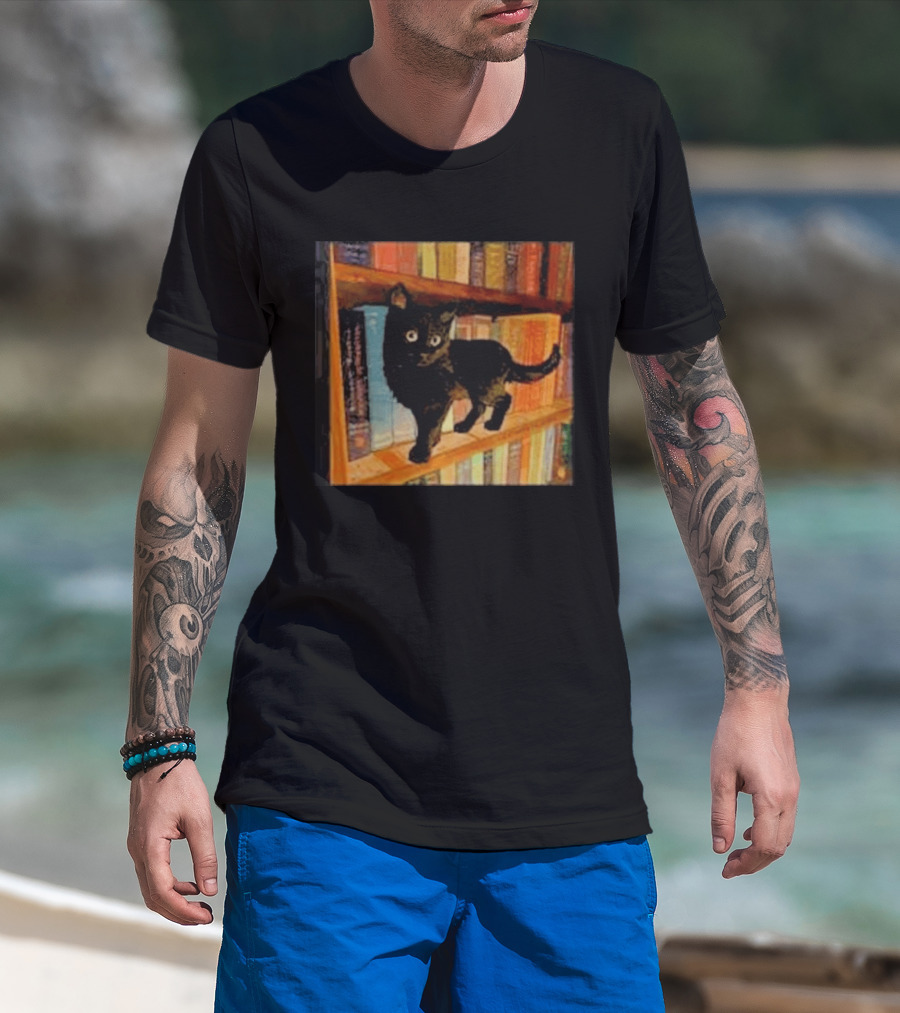 Black Cat On Bookshelf With Colorful Books T-Shirt