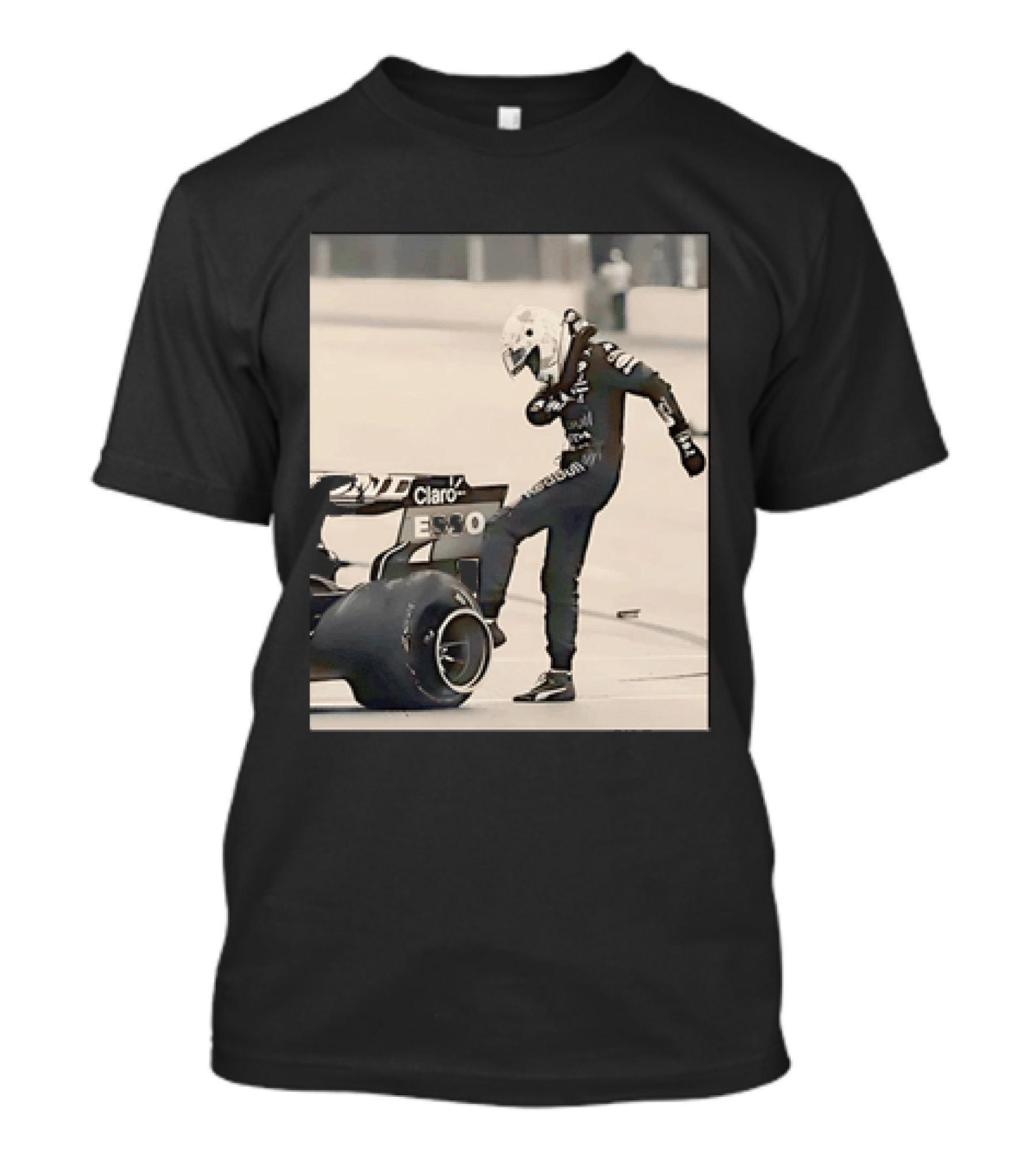 Max Verstappen Kicks Racing Tire Trackside In Racing Suit T-Shirt