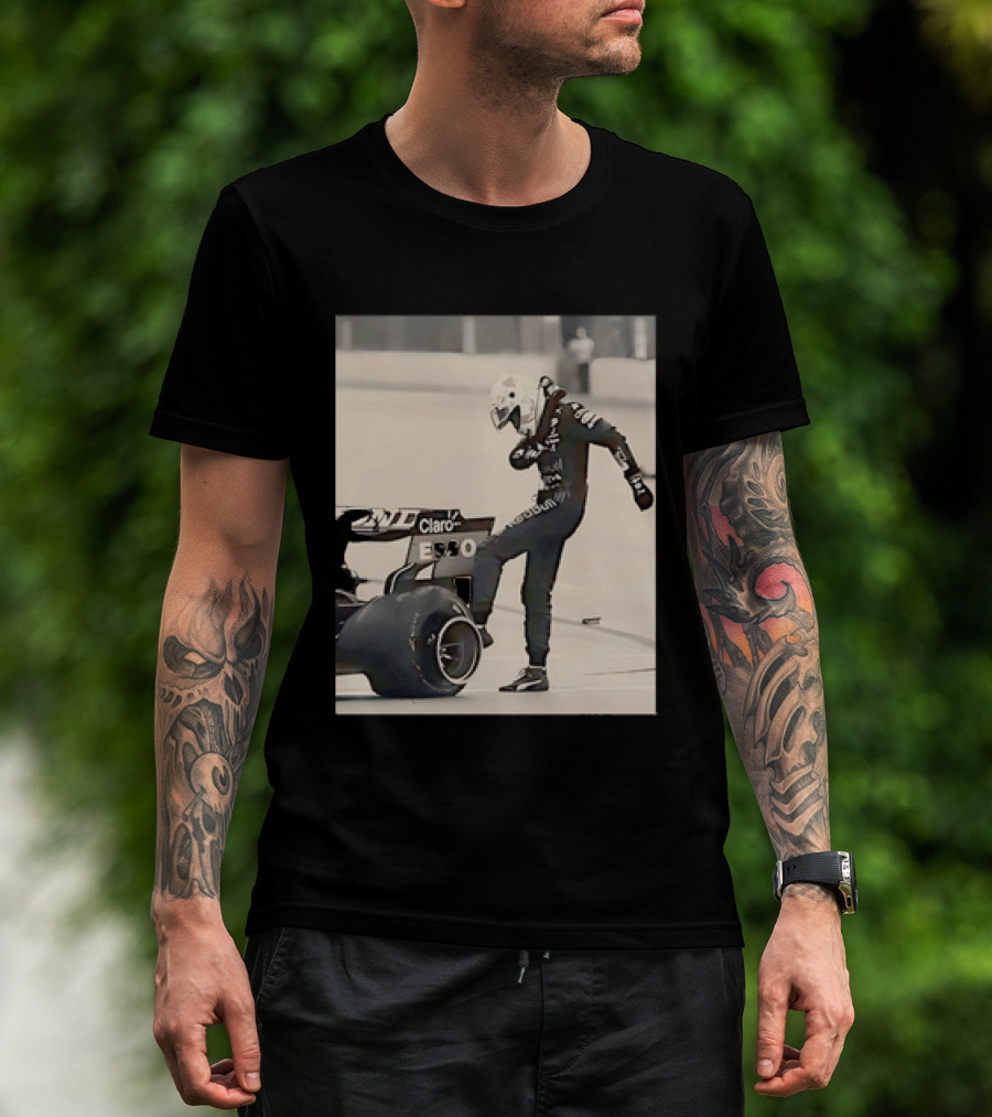 Max Verstappen Kicks Racing Tire Trackside In Racing Suit T-Shirt