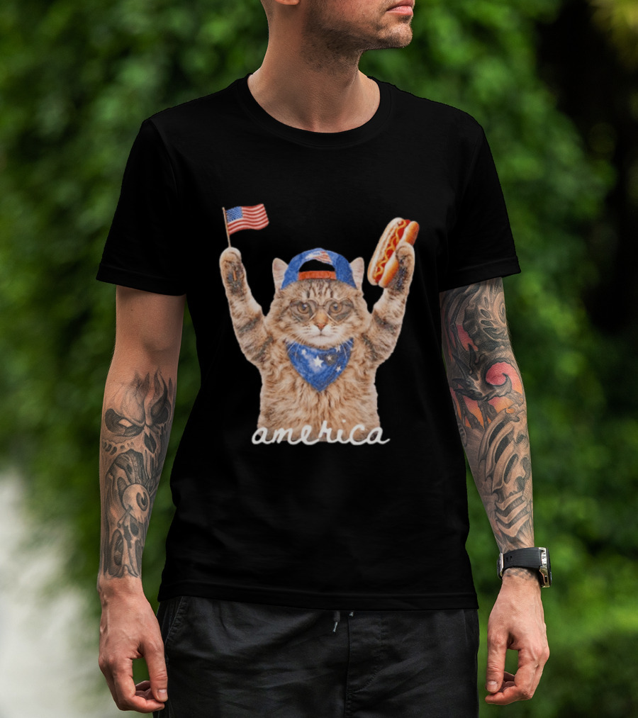Patriotic Cat American Flag Hot Dog America Fourth Of July Celebration T-Shirt