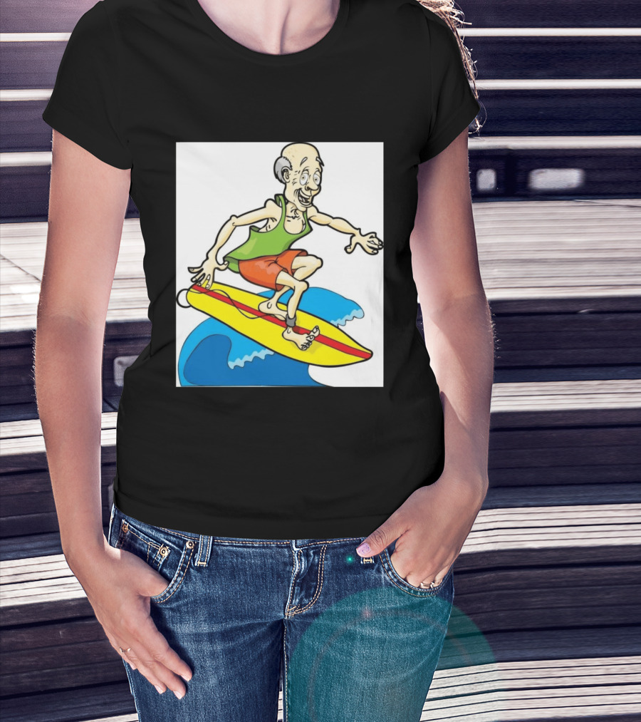 Retired Man Surfing Funny Cartoon Boomer On Yellow Board With Blue Waves T-Shirt