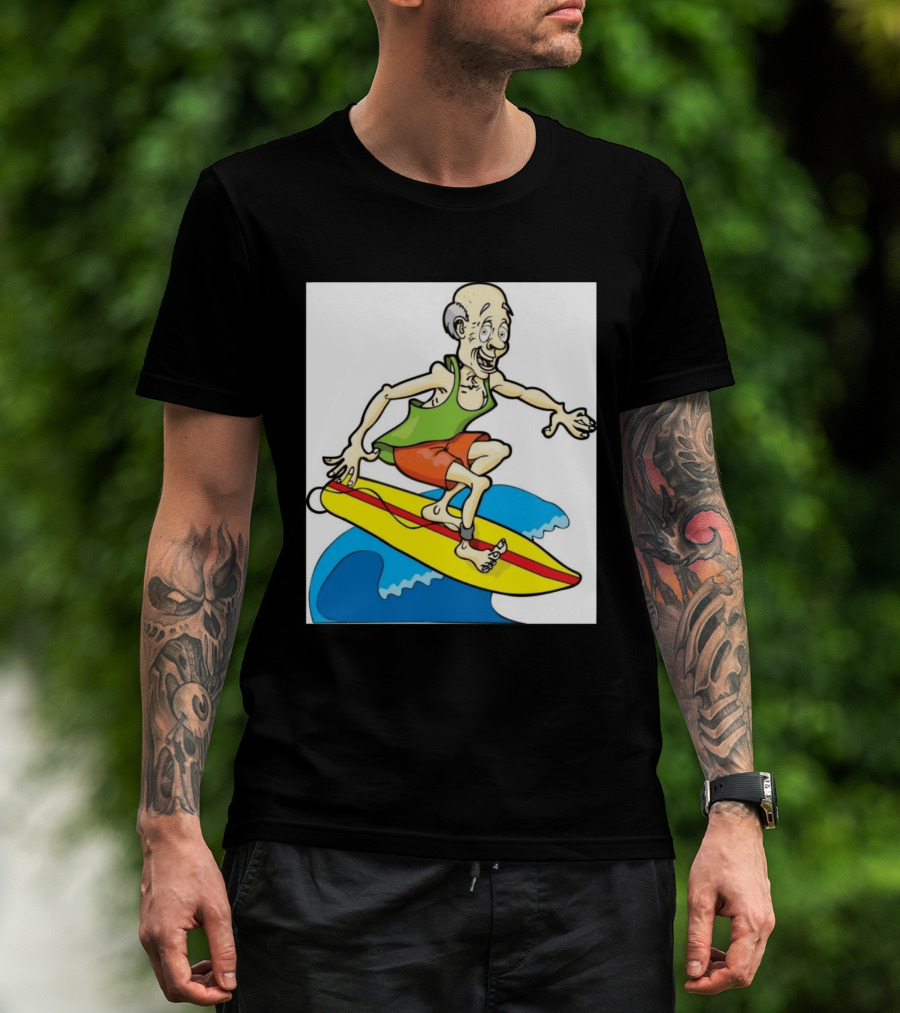 Retired Man Surfing Funny Cartoon Boomer On Yellow Board With Blue Waves T-Shirt