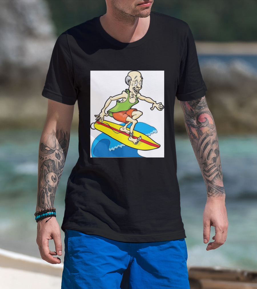 Retired Man Surfing Funny Cartoon Boomer On Yellow Board With Blue Waves T-Shirt