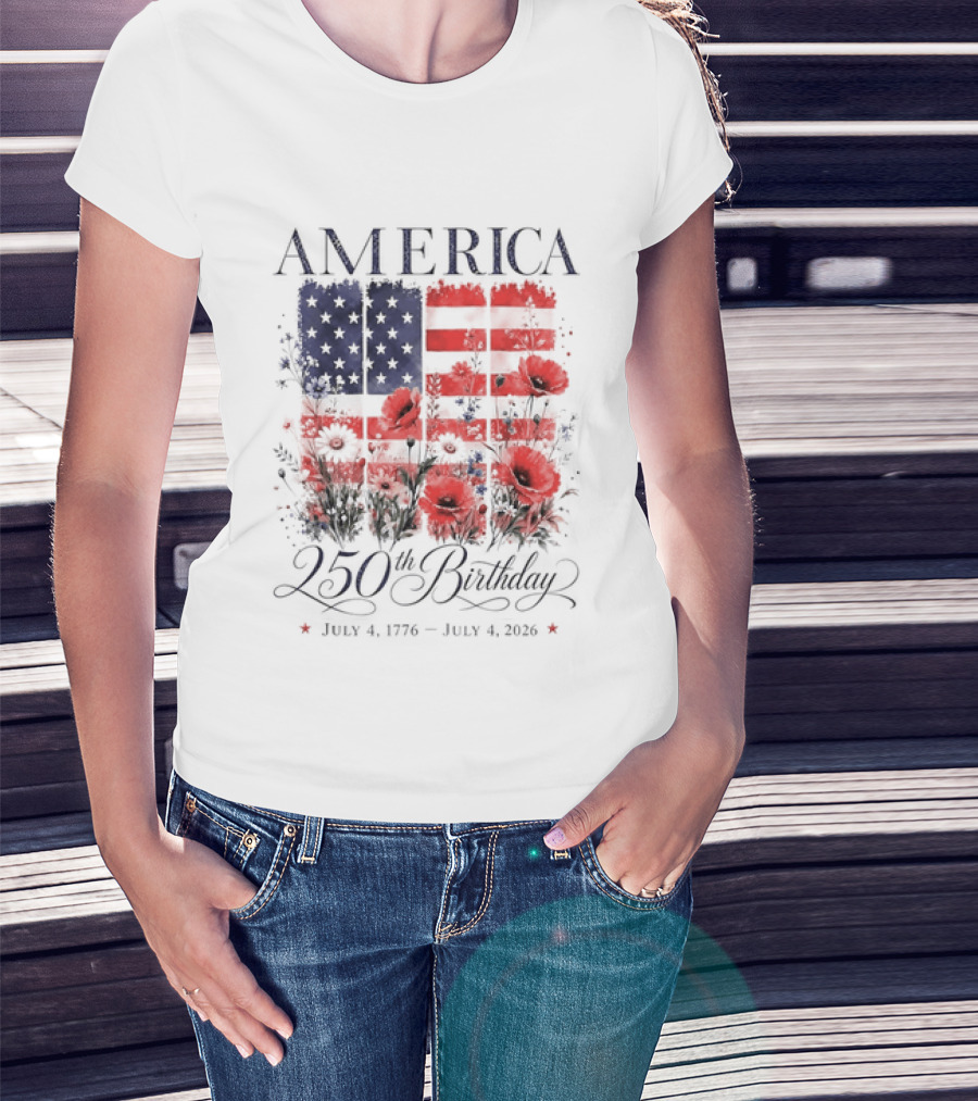 America 250th Birthday July 4 1776 2026 Floral Flag T-Shirt