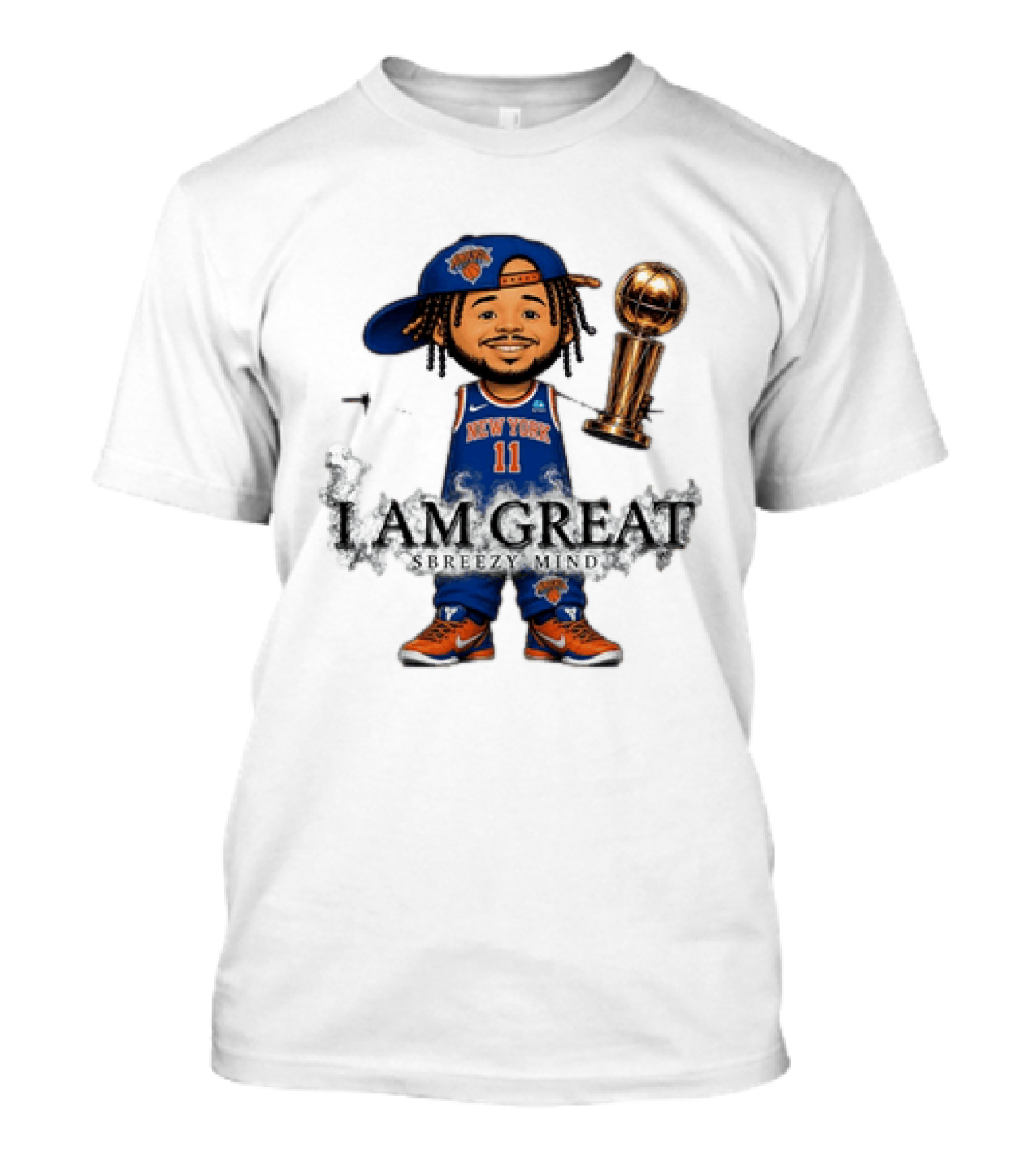 New York Knicks Jalen Brunson I Am Great Big Head Stick Hand Trophy T-Shirt