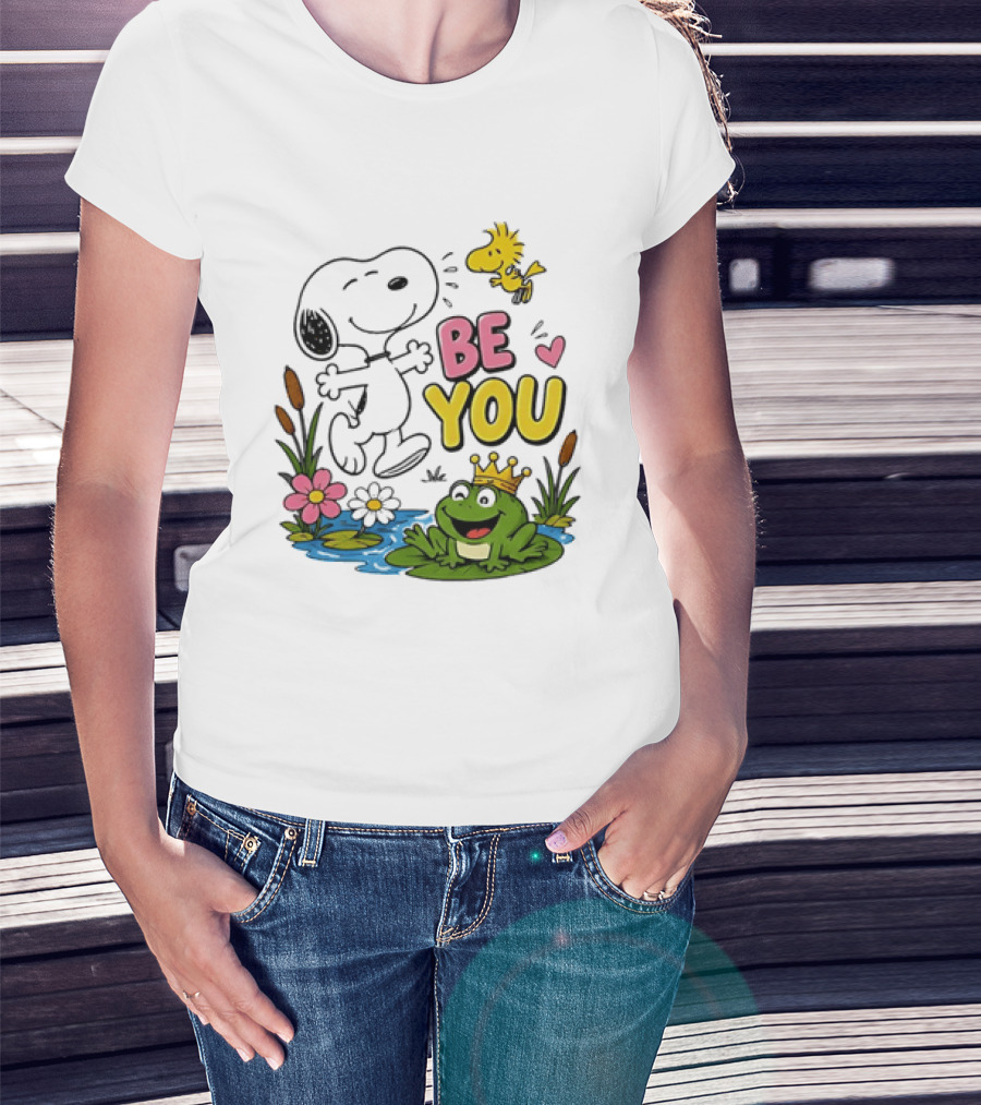 Snoopy And Woodstock Be You Frog Watercolor Flowers T-Shirt