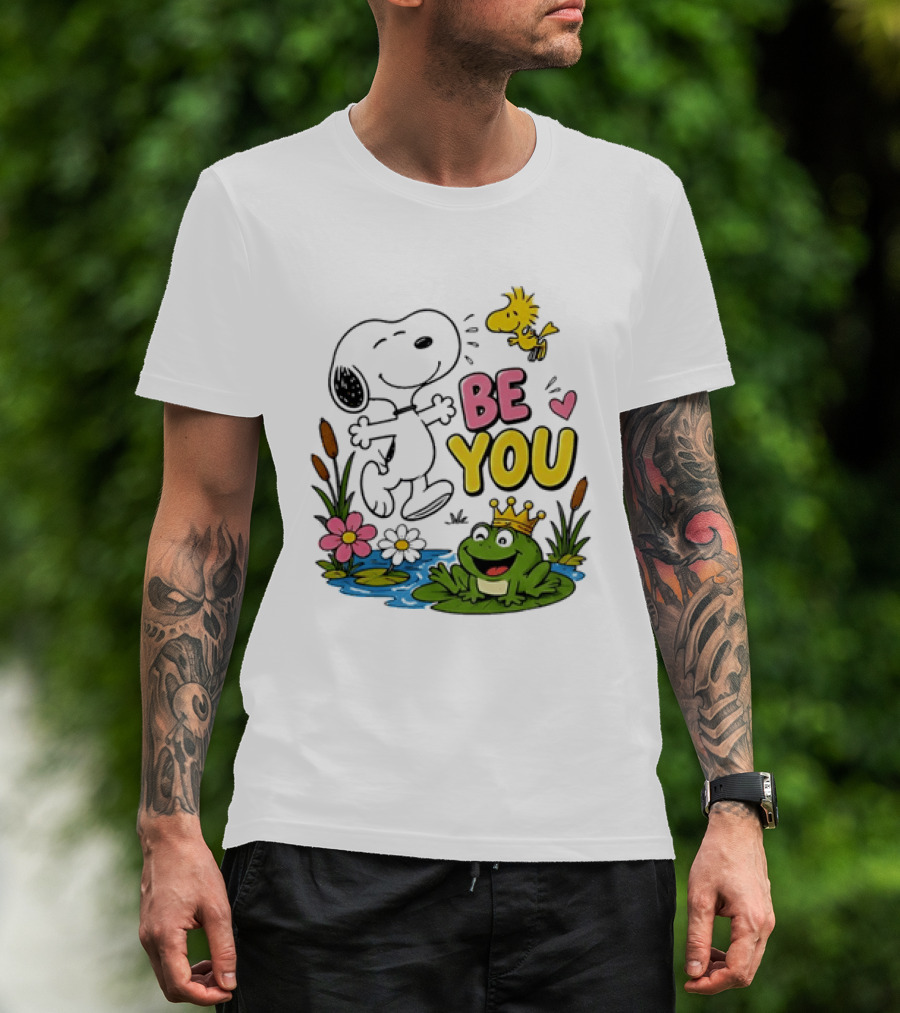 Snoopy And Woodstock Be You Frog Watercolor Flowers T-Shirt