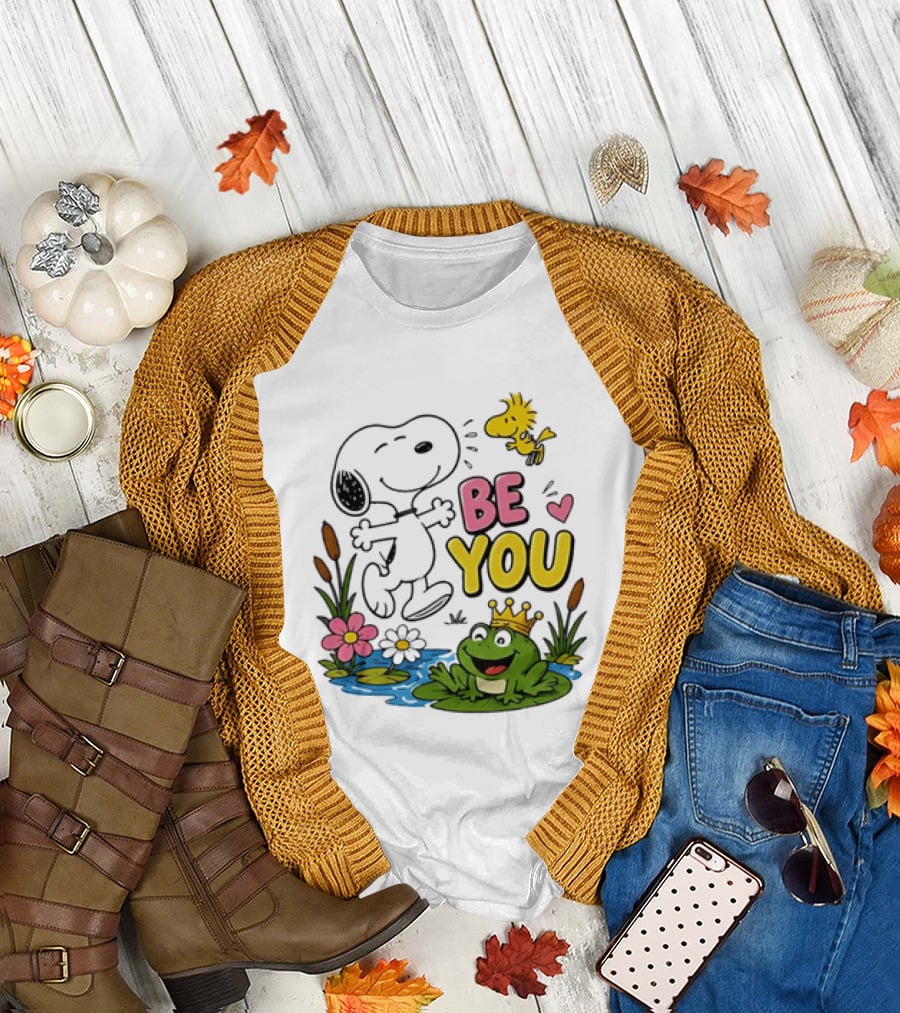 Snoopy and Woodstock Be You Frog Watercolor Flowers T-Shirt