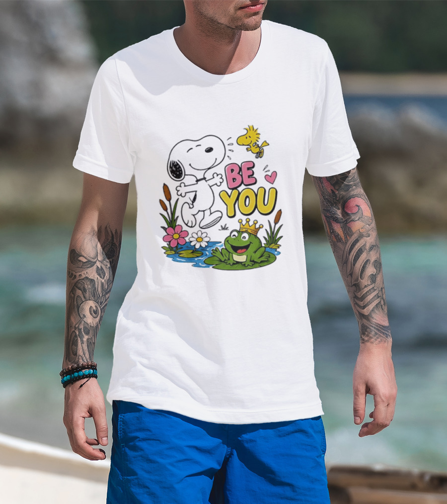 Snoopy And Woodstock Be You Frog Watercolor Flowers T-Shirt