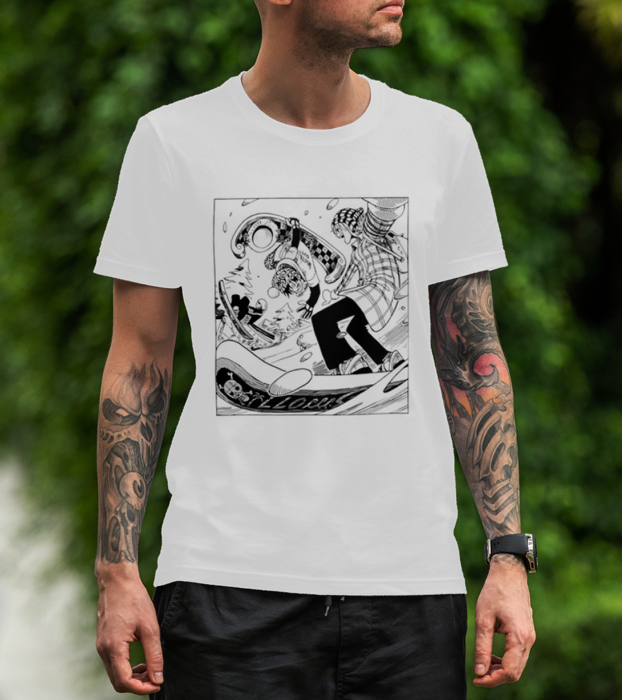 Snowboarding One Piece Crew Manga Style Action White Out Winter Scene T-Shirt
