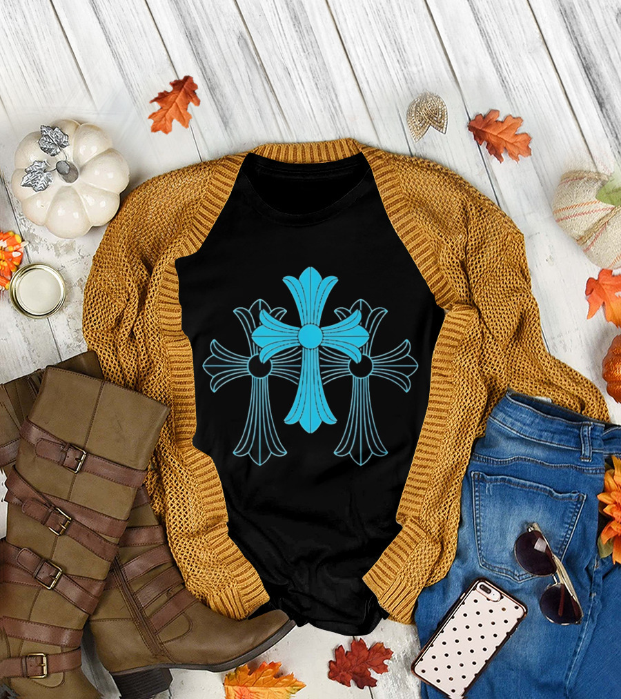 Blue Chrome Heart Cross Luxury Fashion Streetwear T-Shirt