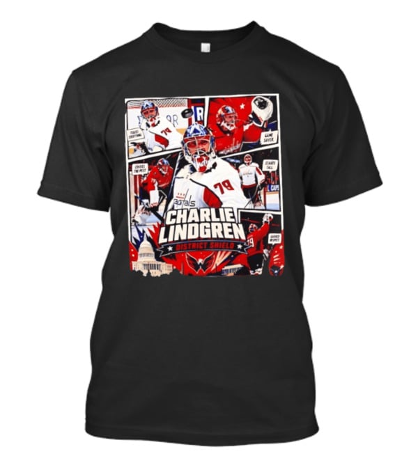Charlie Lindgren Capitals District Shield Comic Style Hockey Action T-Shirt