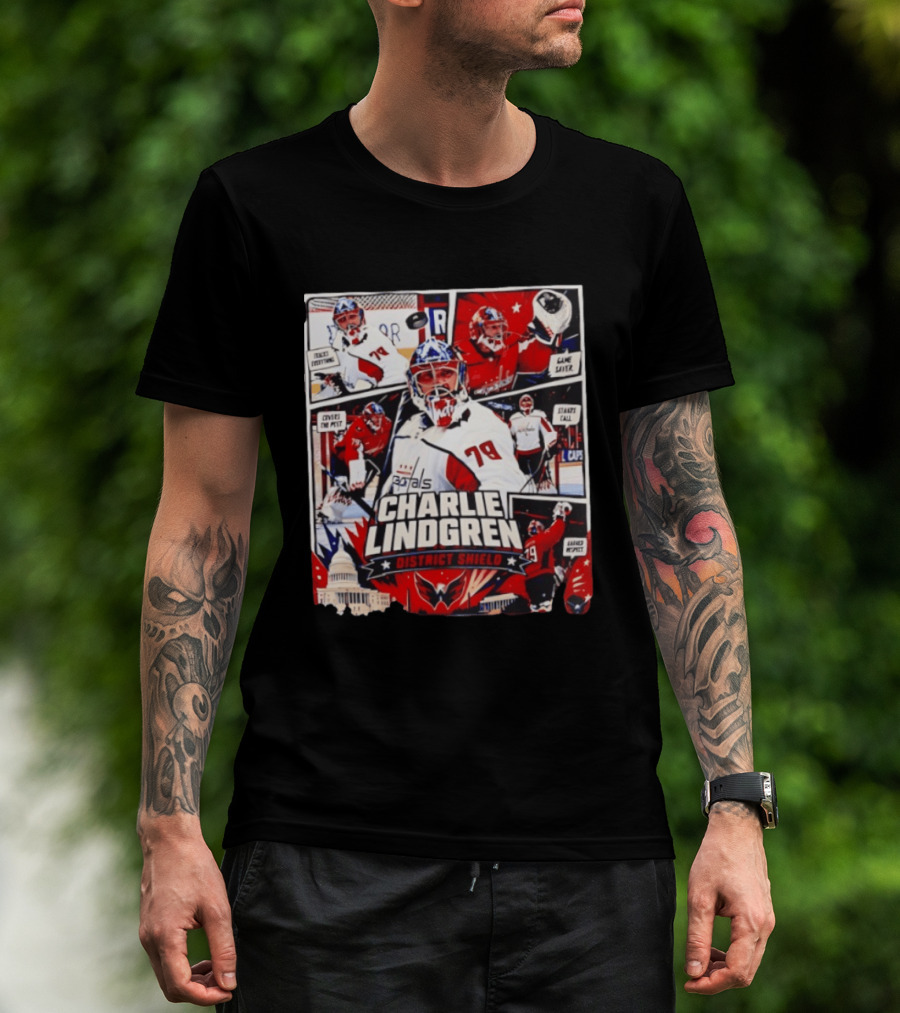 Charlie Lindgren Capitals District Shield Comic Style Hockey Action T-Shirt