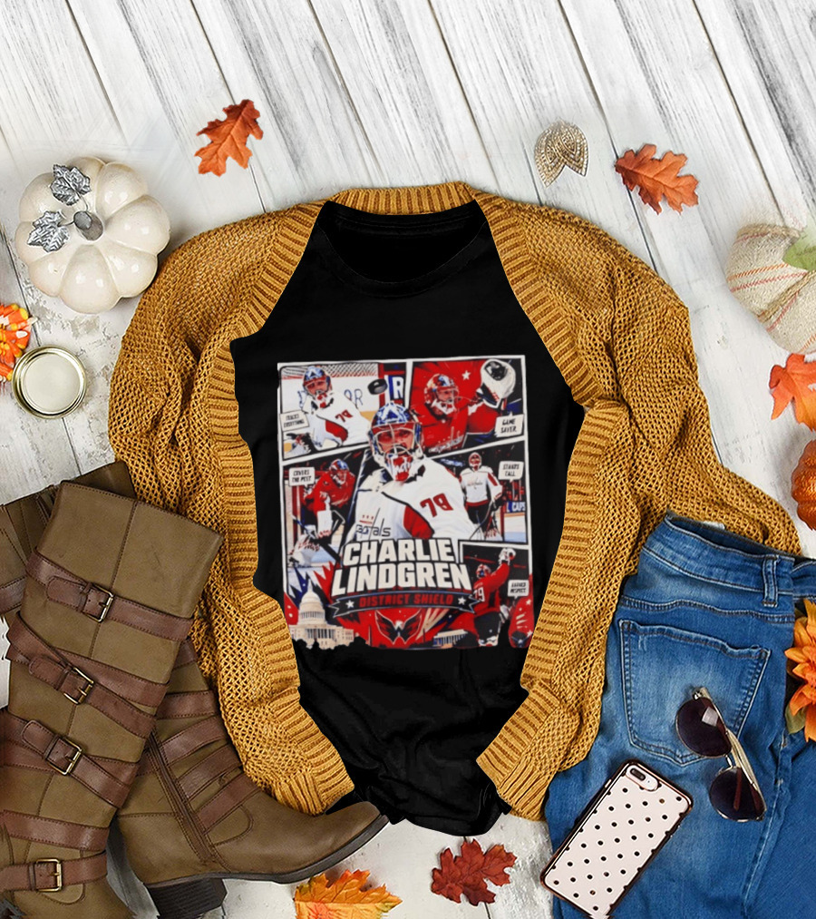 Charlie Lindgren Capitals District Shield Comic Style Hockey Action T-Shirt