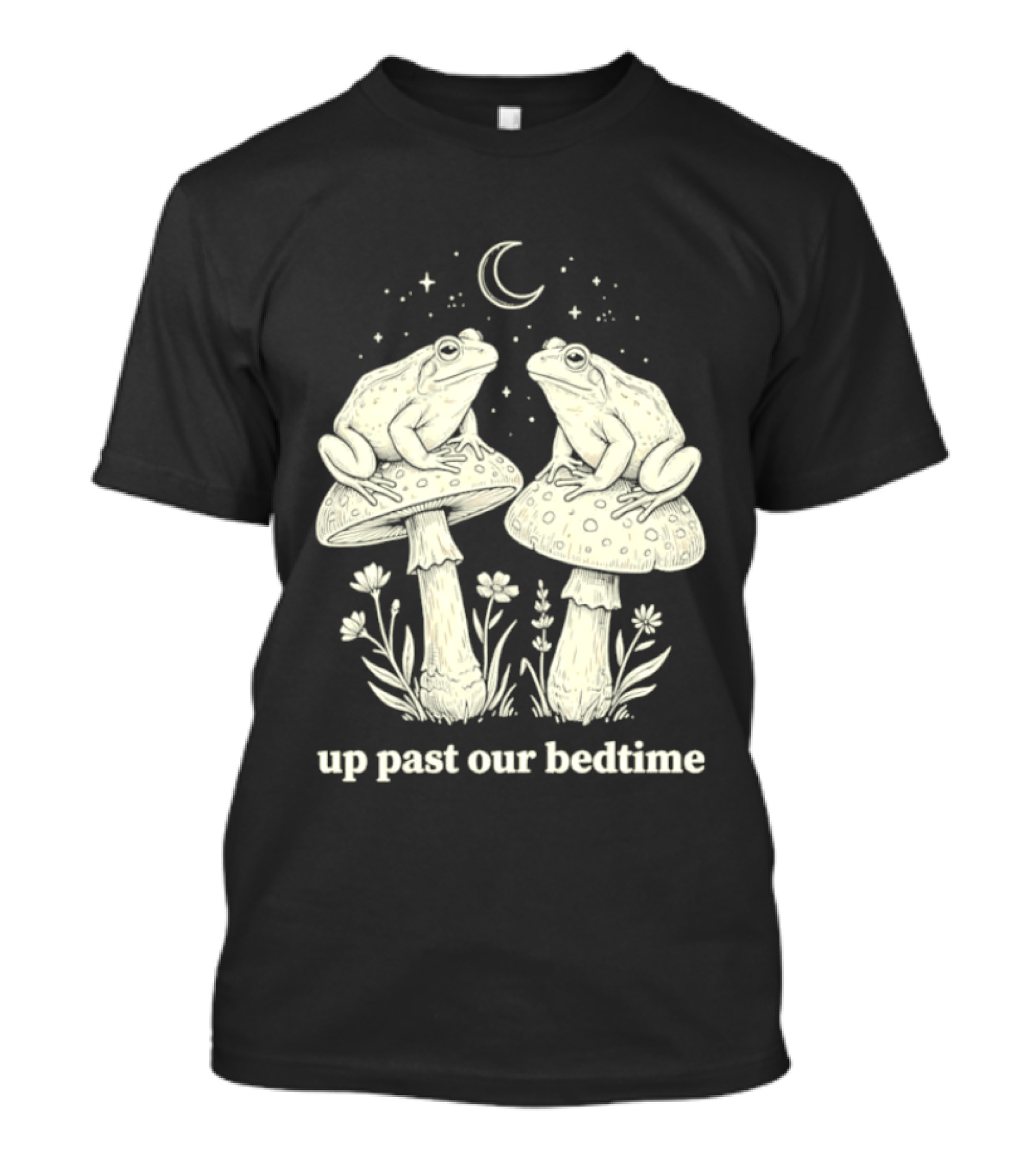 Two Frogs On Mushrooms Up Past Our Bedtime Night Sky Moon Stars T-Shirt
