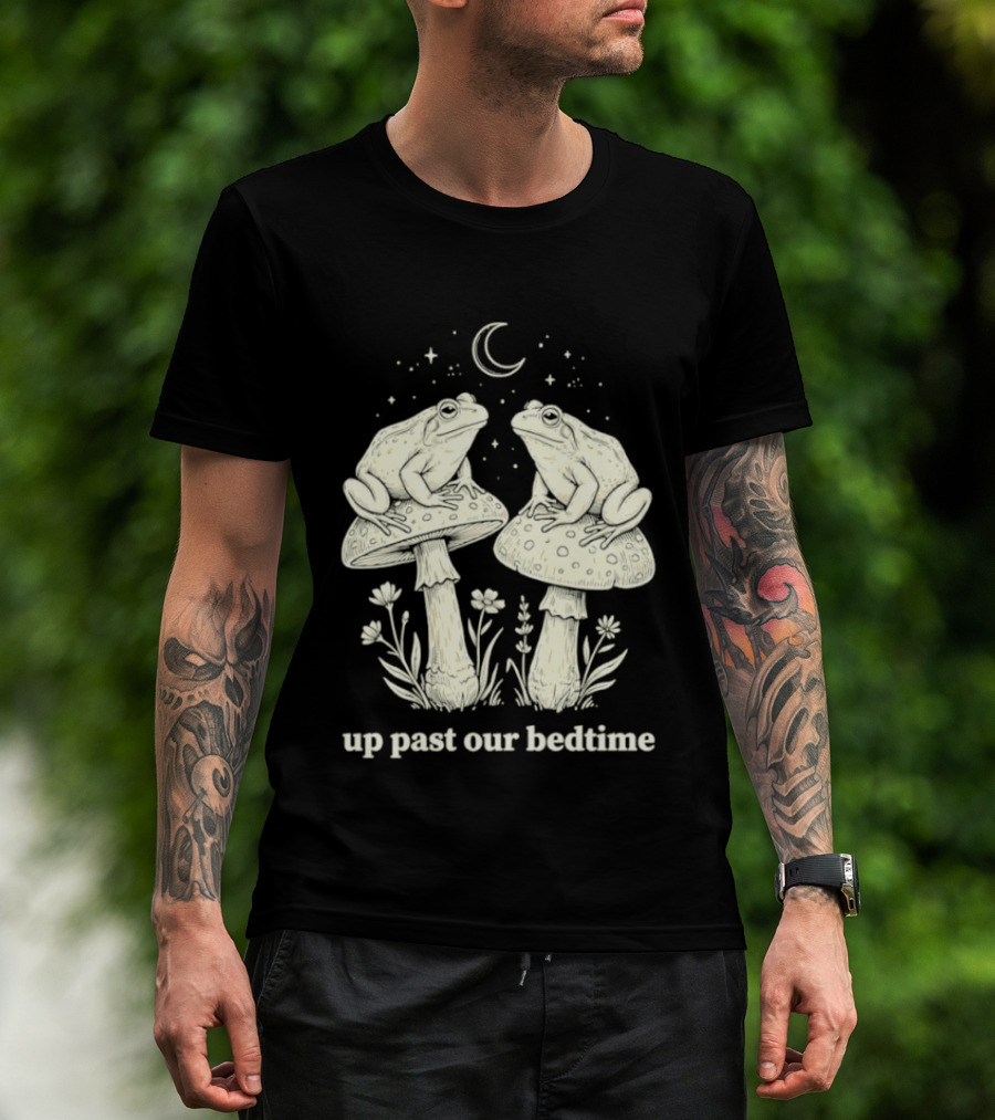 Two Frogs On Mushrooms Up Past Our Bedtime Night Sky Moon Stars T-Shirt