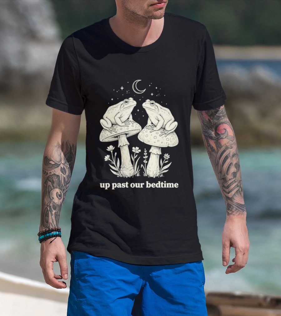 Two Frogs On Mushrooms Up Past Our Bedtime Night Sky Moon Stars T-Shirt