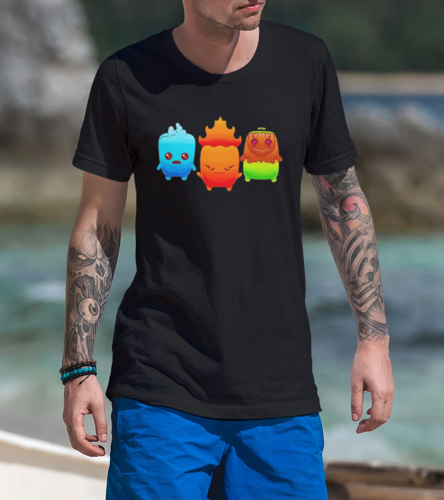 Water Fire And Earth Elemental Creatures Fireboy And Watergirl Cute Characters T-Shirt