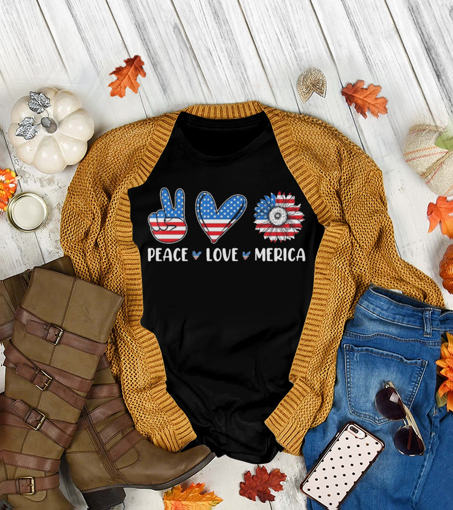 Peace Love Merica American Flag Symbol 4th of July 2026 T-Shirt