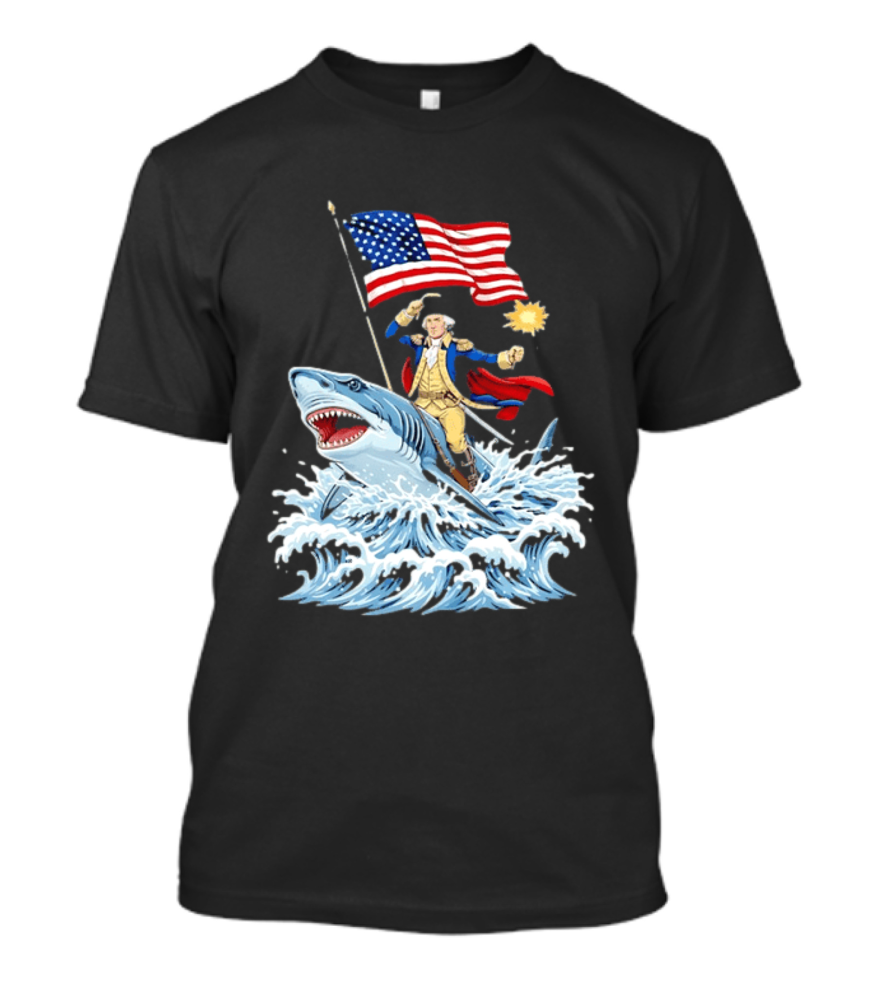 Shark Riding George Washington With American Flag Patriotic 4th Of July T-Shirt