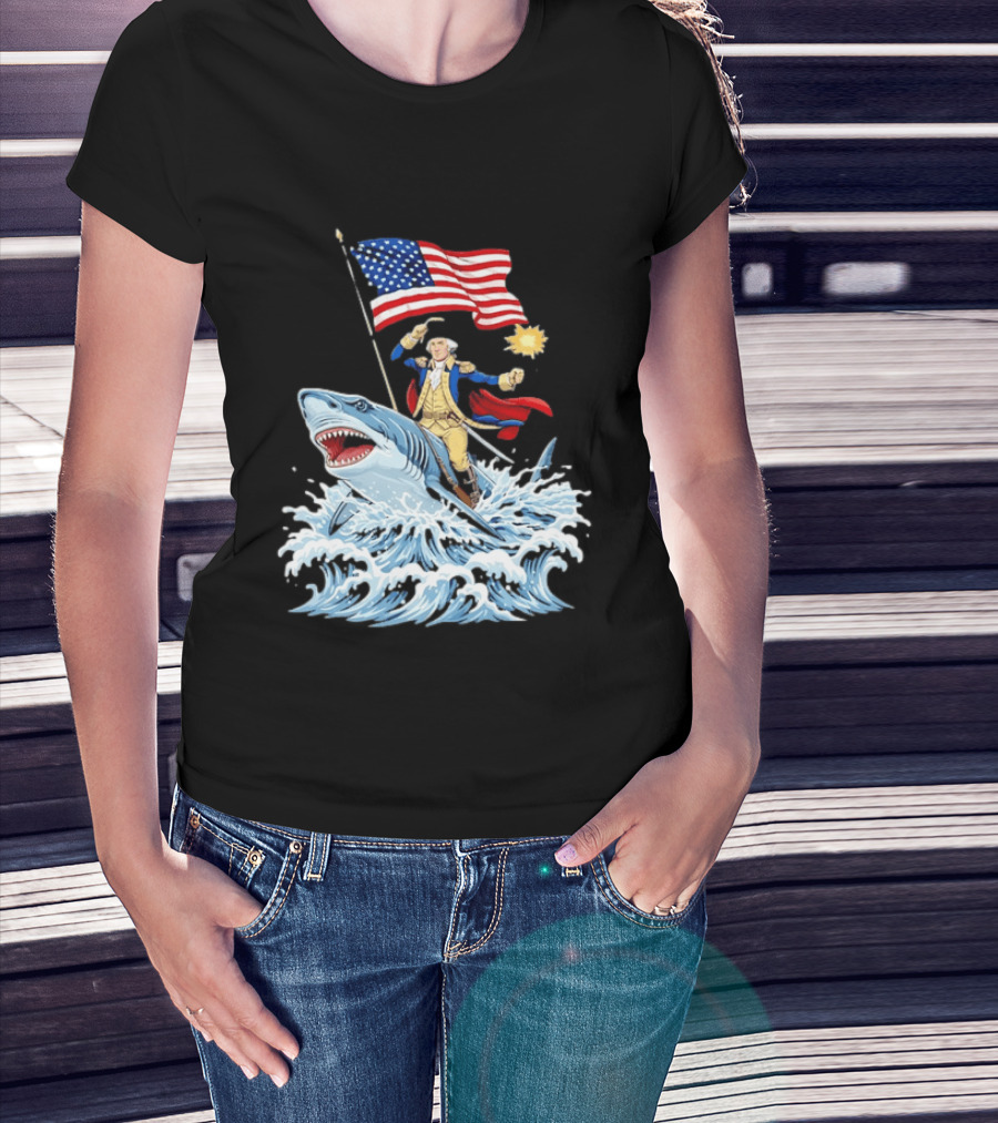 Shark Riding George Washington With American Flag Patriotic 4th Of July T-Shirt