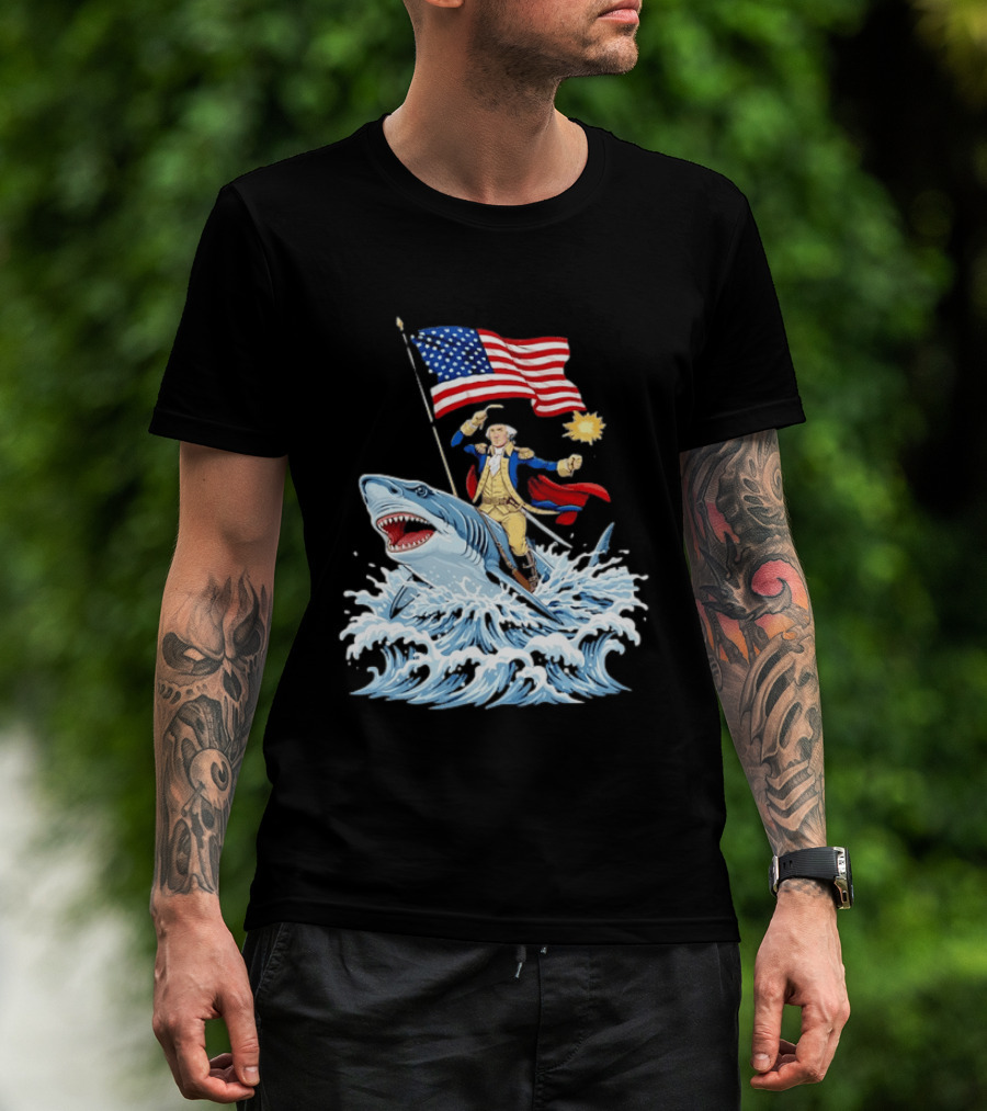 Shark Riding George Washington With American Flag Patriotic 4th Of July T-Shirt
