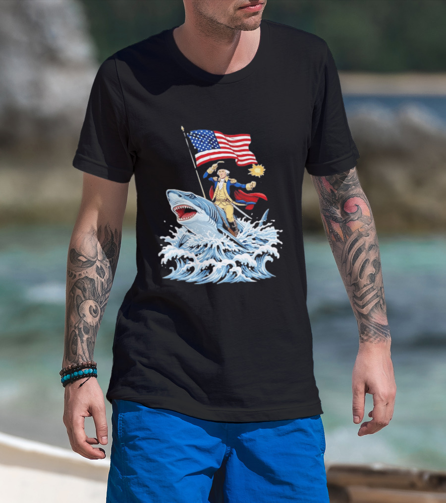 Shark Riding George Washington With American Flag Patriotic 4th Of July T-Shirt
