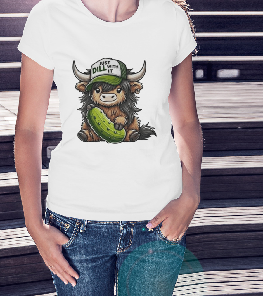 Highland Cow Just Dill With It Pickle Hat T-Shirt