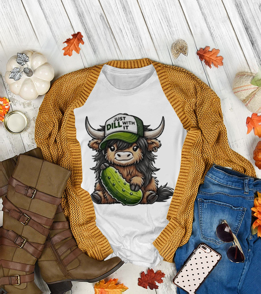 Highland Cow Just Dill With It Pickle Hat T-Shirt