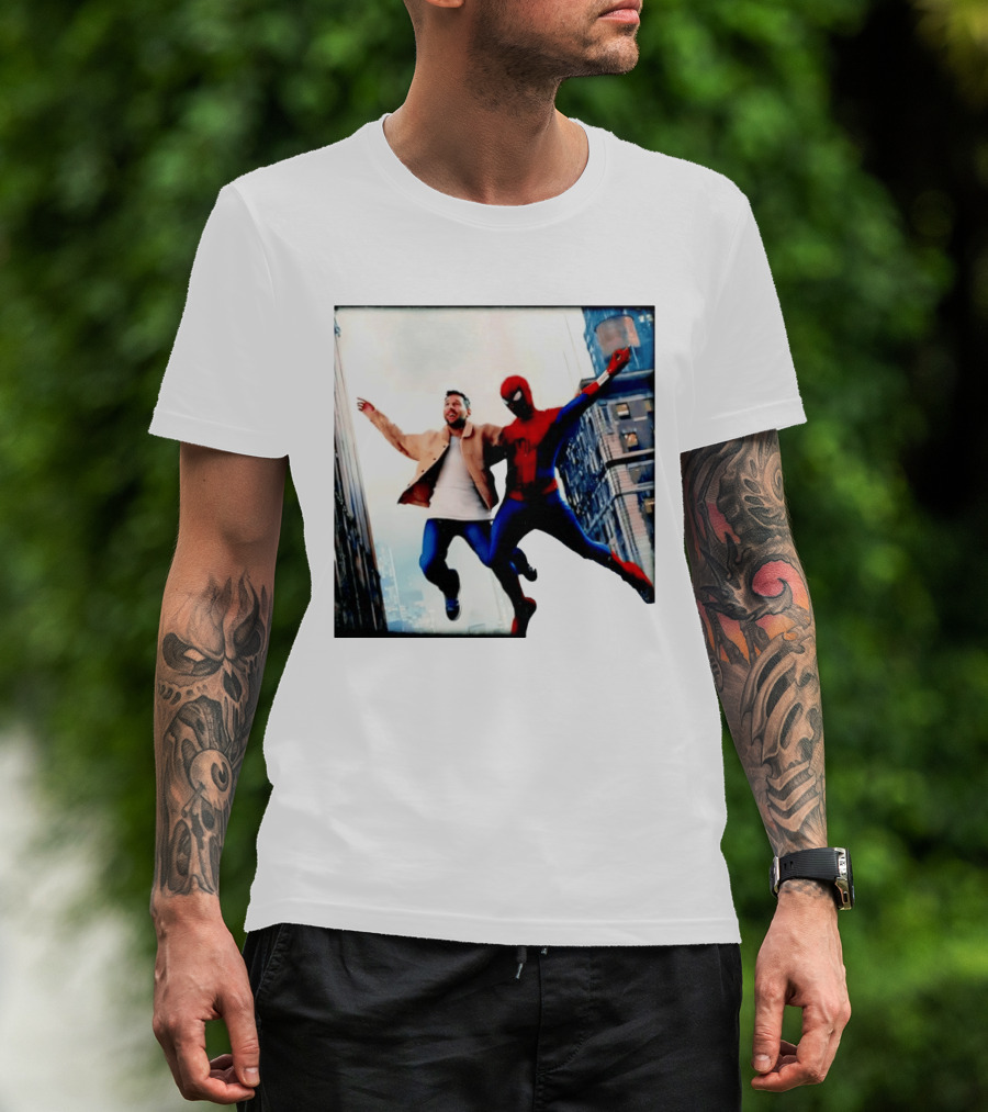 Lionel Messi And Spider Man Jump In City Marvel Cinematic Universe T-Shirt