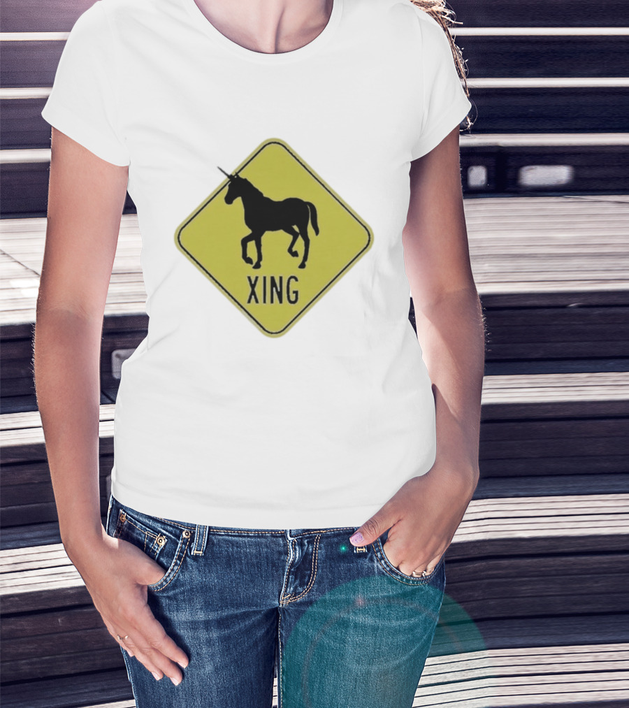 Unicorn Xing Mythical Creature Crosswalk Sign T-Shirt