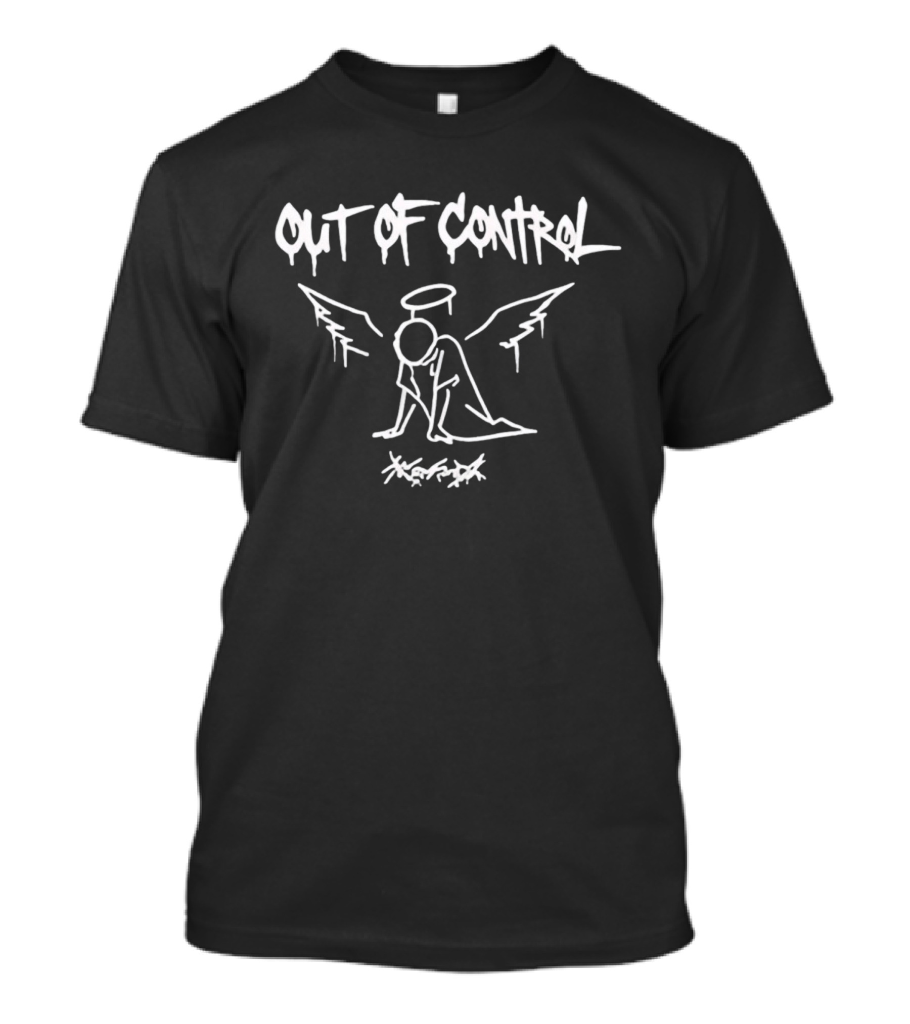 Out Of Control Angel Cowering Scribble White Outline Halo Wings T-Shirt