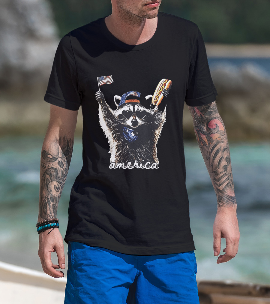 Raccoon Holding Hot Dog And Flag America 4th Of July Celebration T-Shirt