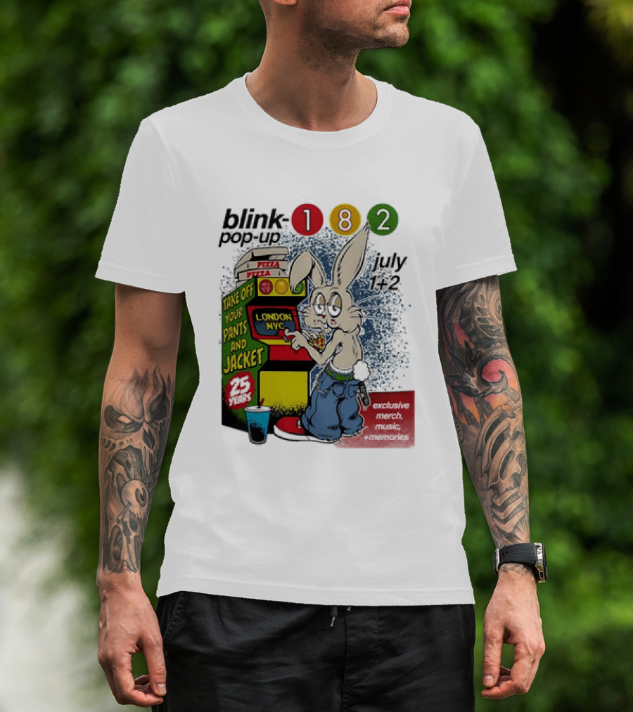Blink 182 Take Off Your Pants And Jacket Pop Up 25 Years London NYC July Pizza T-Shirt