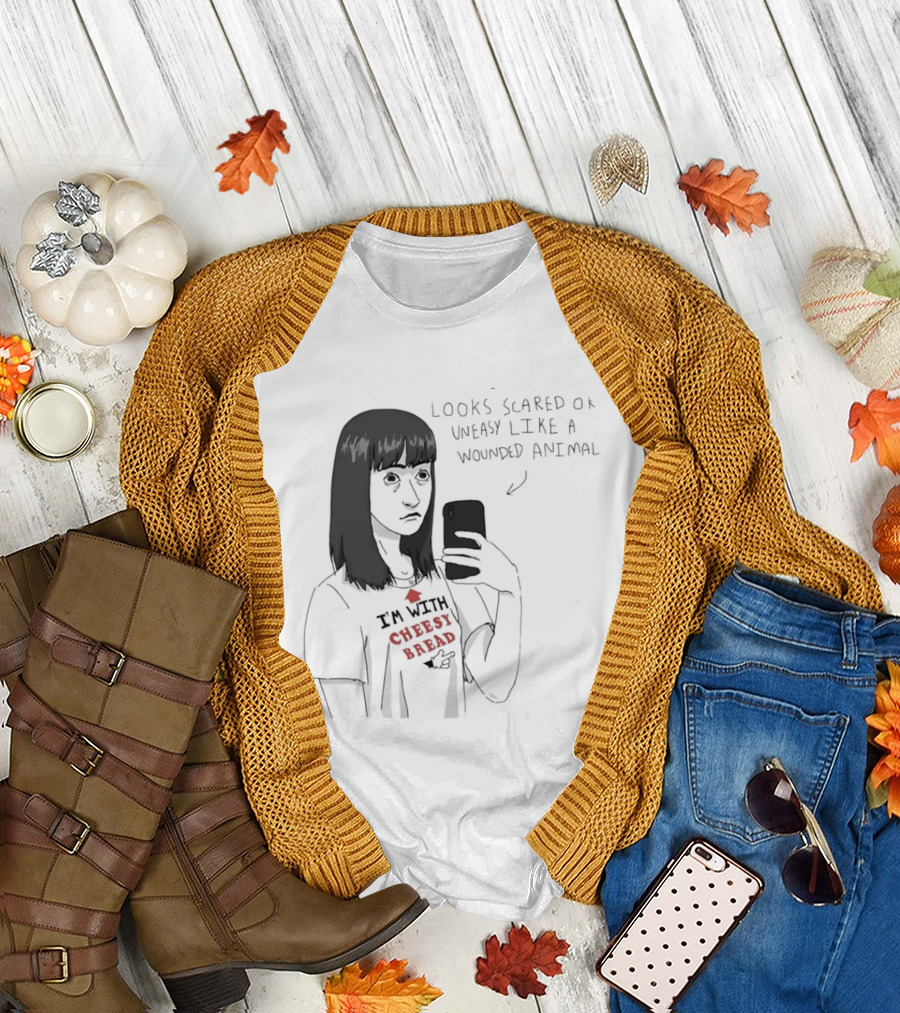 I'm with Cheesy Bread Humor Cartoon Looks Scared or Uneasy Like a Wounded Animal T-Shirt